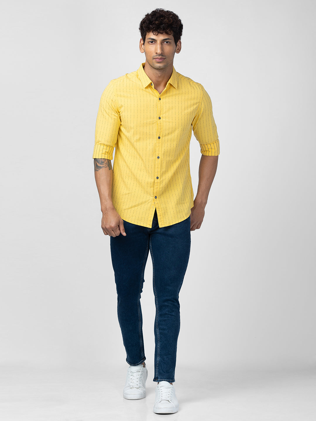 Spykar Men Sulphur Yellow Cotton Slim Fit Striped Shirt