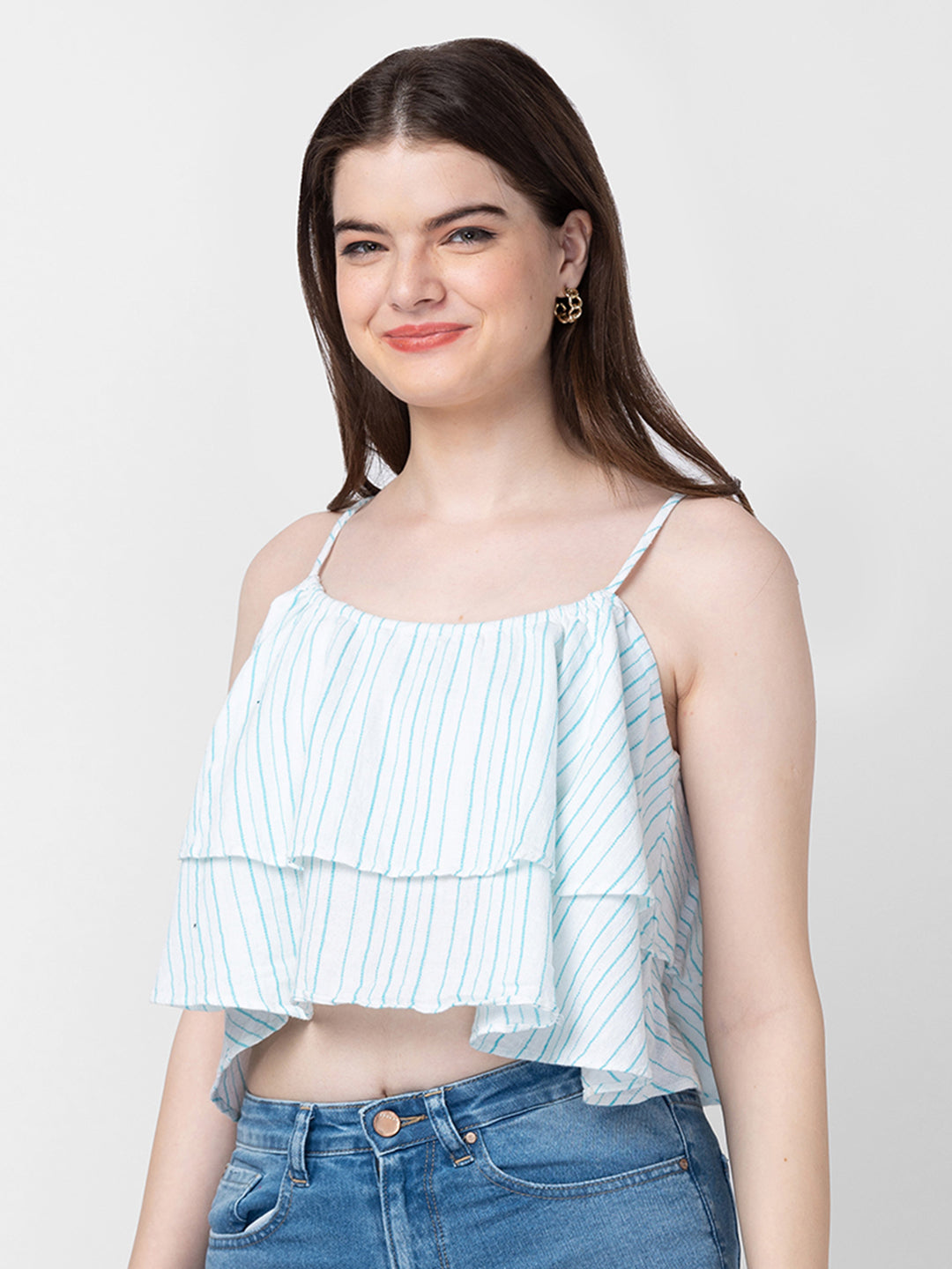 Spykar Women White Cotton Sleeveless Crop Top