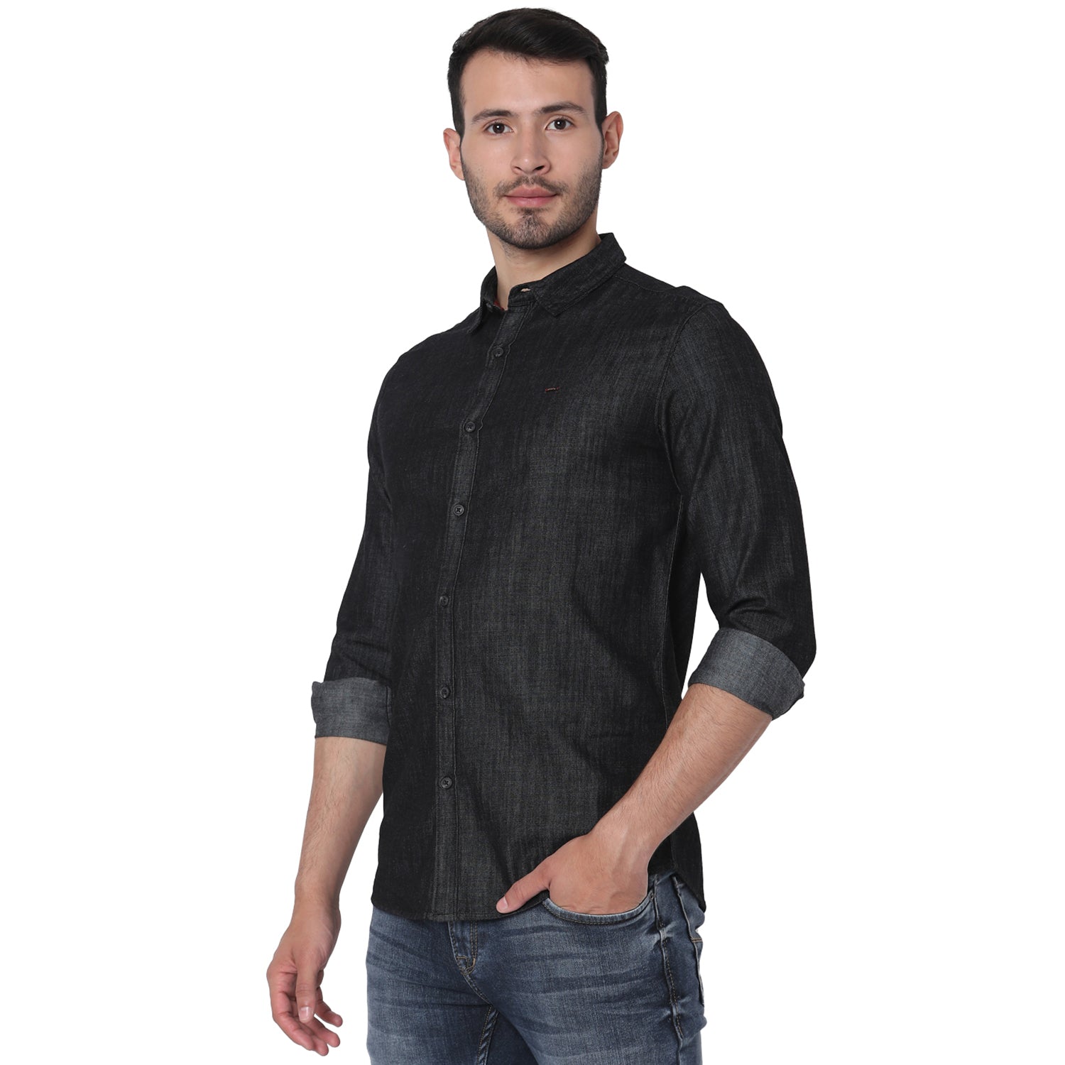 Spykar Men Black Cotton Slim Fit Full Sleeve Plain Shirt