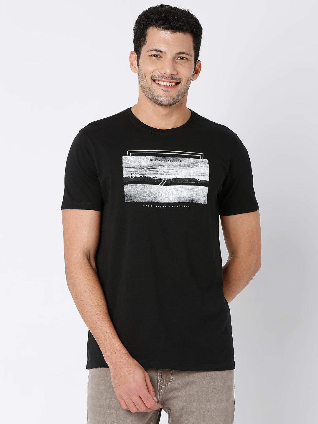 Spykar Men Black Cotton Half Sleeve Printed Casual T-Shirt