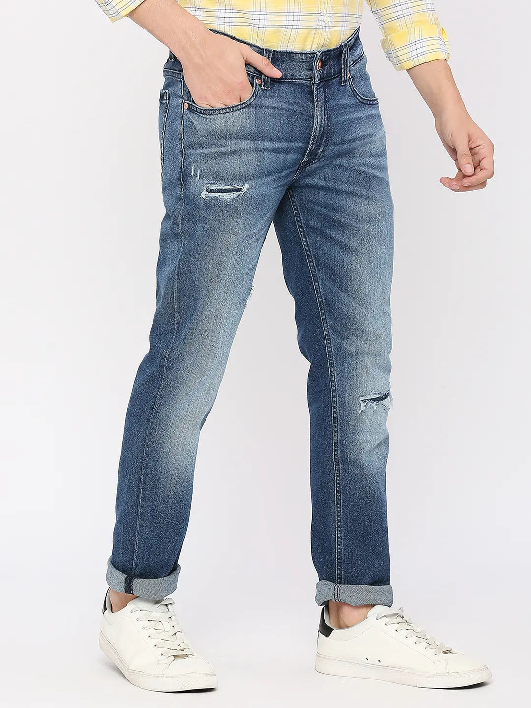 Spykar Men Mid Blue Cotton Regular Fit Narrow Length Knee Slash Mid Rise Limited edition Jeans (Rover)