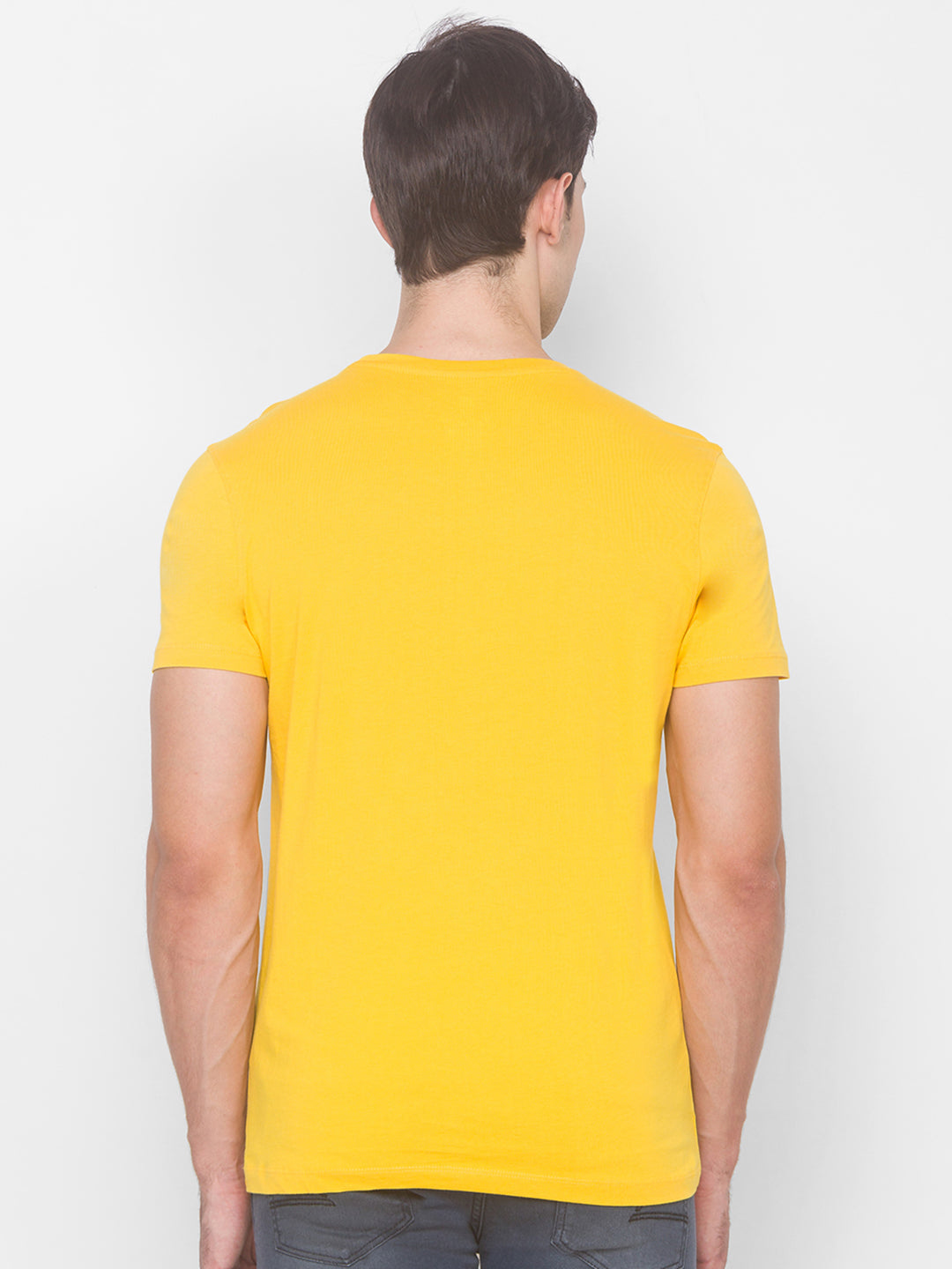 Charlie Chaplin Spykar Men Yellow Cotton Slim Fit Round Neck T-Shirt