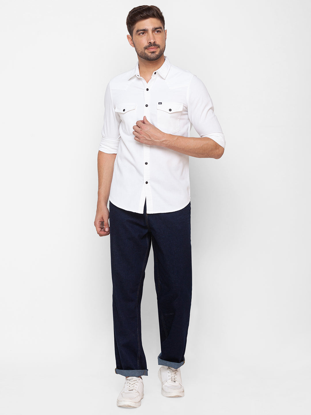 Spykar Pearl White Cotton Full Sleeve Denim Shirt For Men