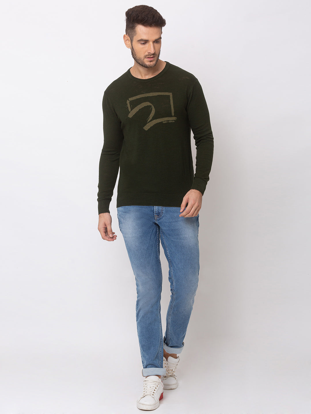 Spykar Men Olive Green Cotton Regular Fit Sweater