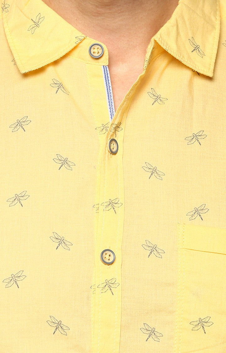 Spykar Men'S Yellow Cotton Printed Casual Shirts