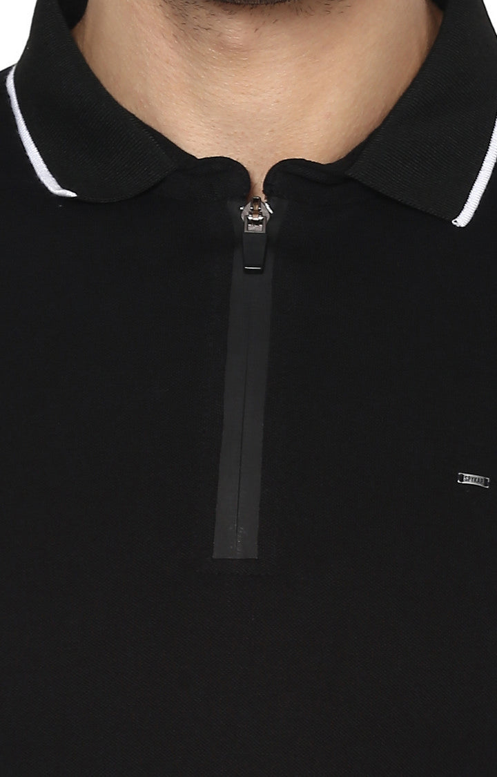 Spykar Black Solid Slim Fit Polo T-Shirt