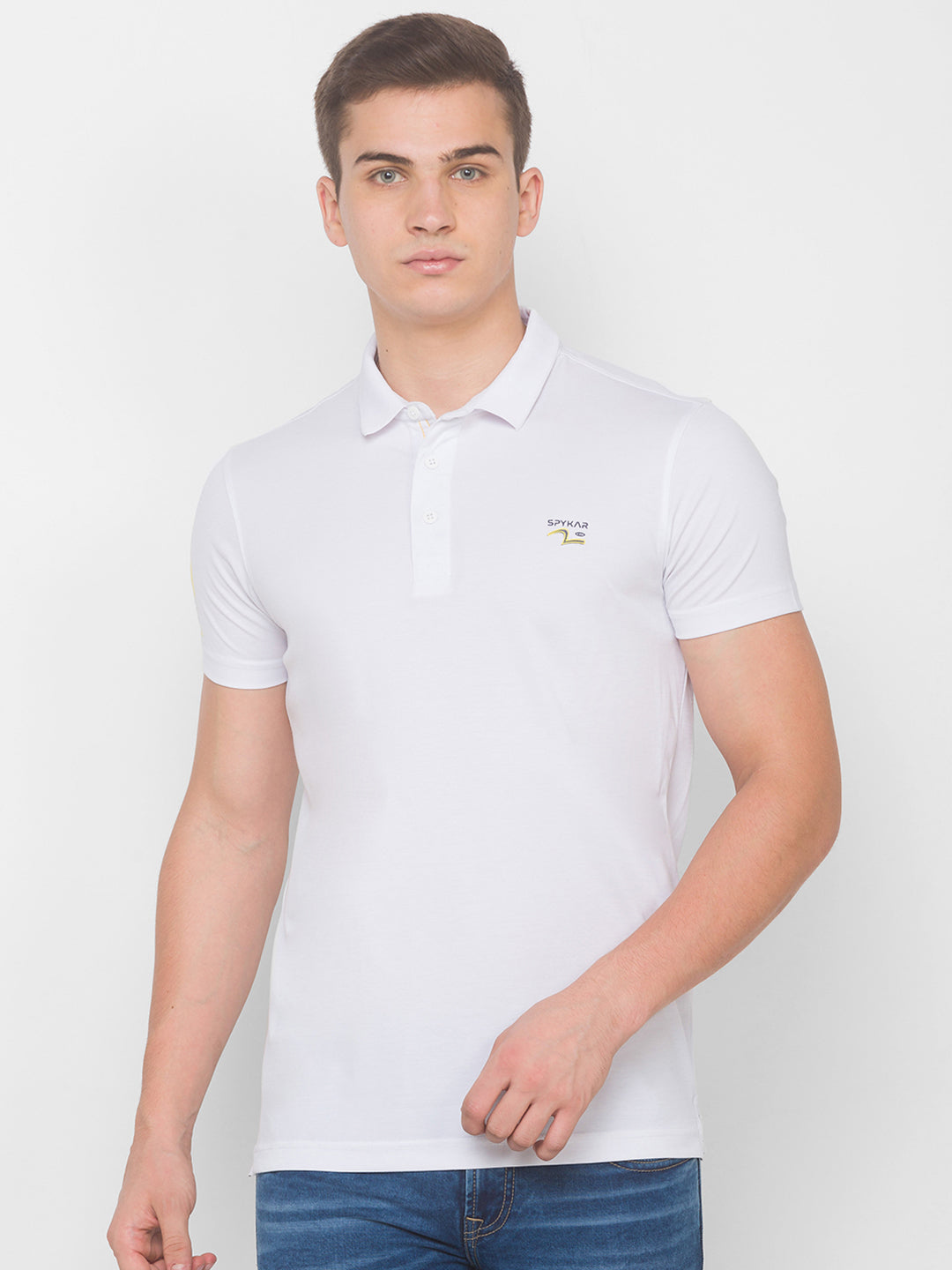 Spykar Men White Cotton Blend Slim Fit Polo T-Shirt