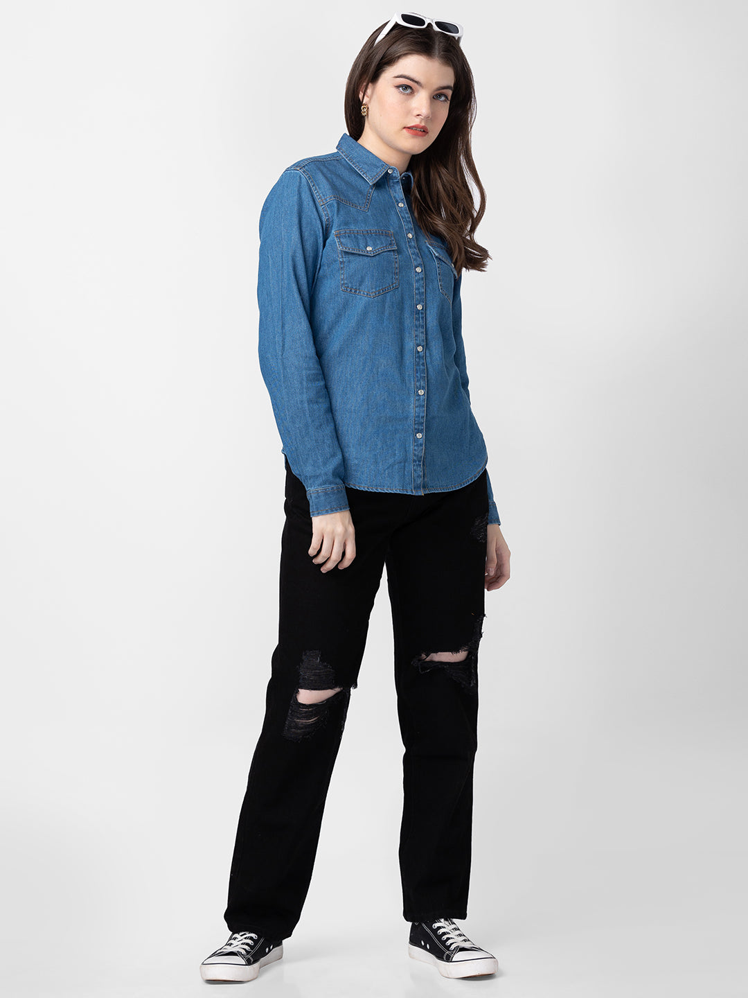 Spykar Women Mid Blue Cotton Slim Fit Denim Shirts