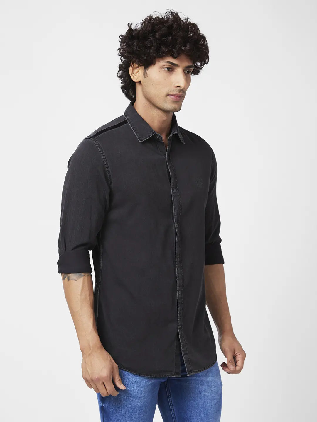 Buy Spykar Men Dark Grey Cotton Slim Fit Full Sleeve Casual Denim Shirt Online