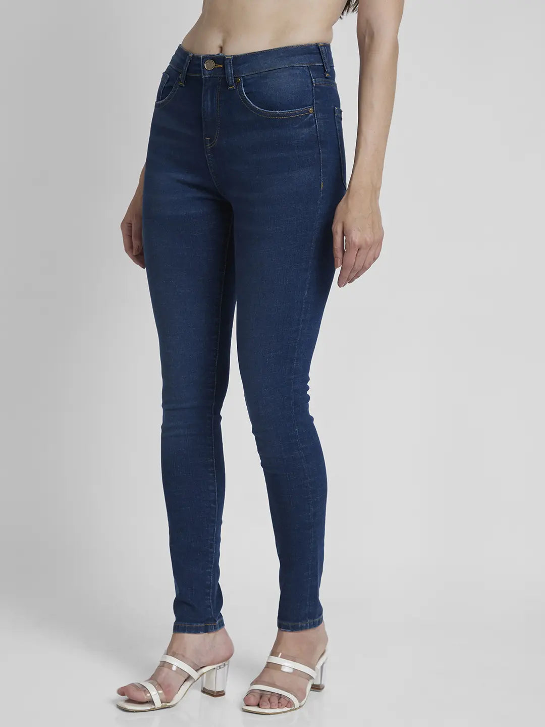 Spykar Women Mid Blue Lycra Skinny Fit Regular Length Low Distressed Jeans -(Adora)