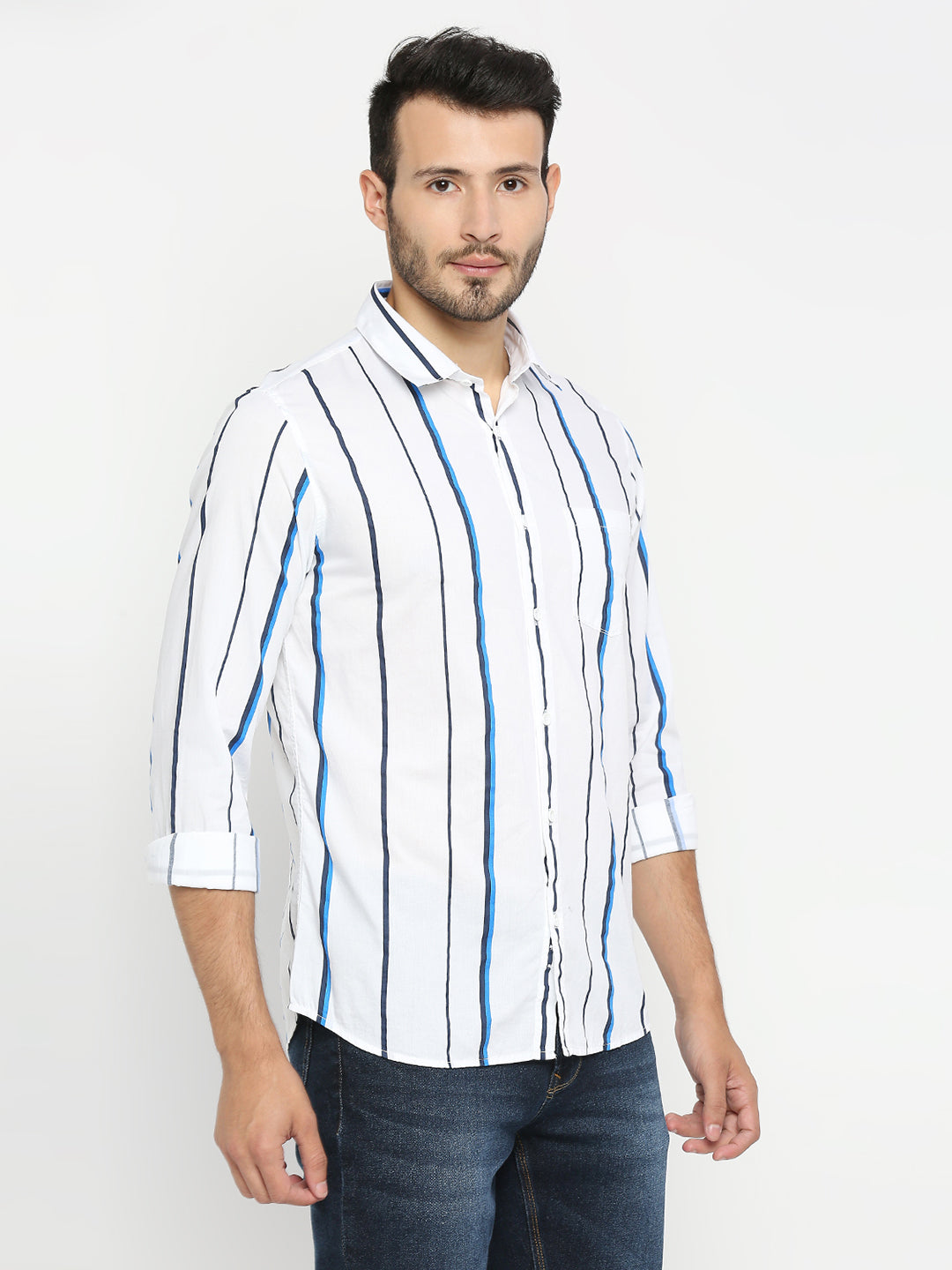 Spykar Men White Cotton Full Sleeve Striped Shirt