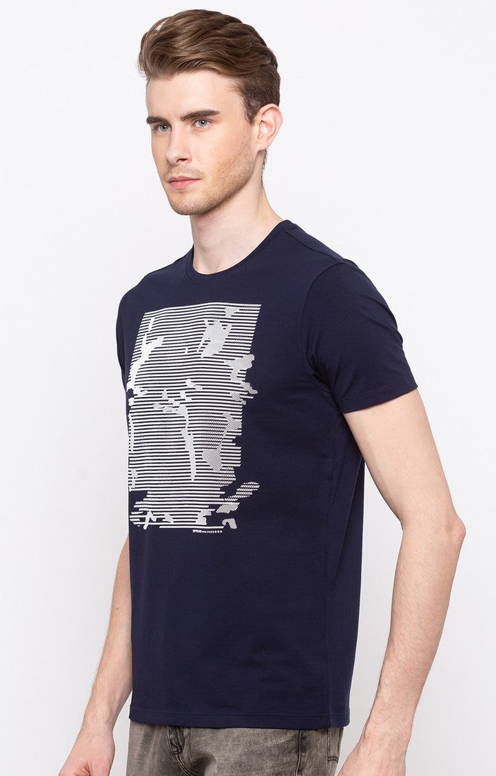 Spykar Navy Printed Slim Fit Men T-Shirts