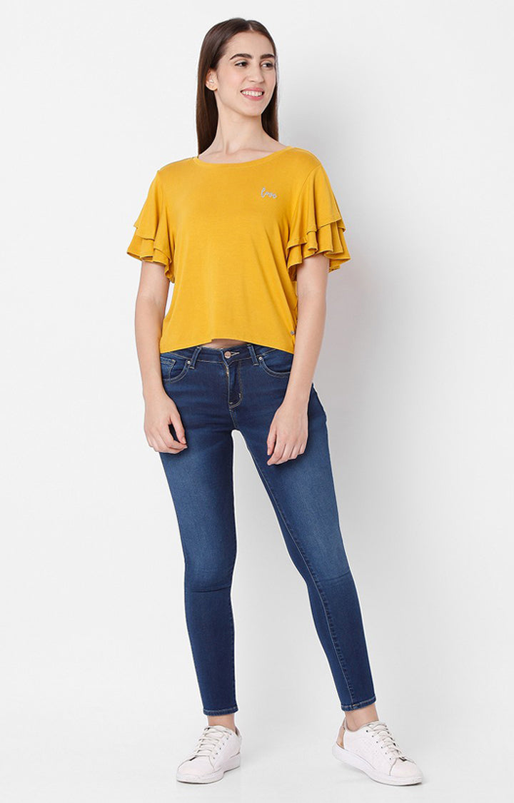 Spykar Women Yellow Cotton Slim Fit Round Neck T-Shirts