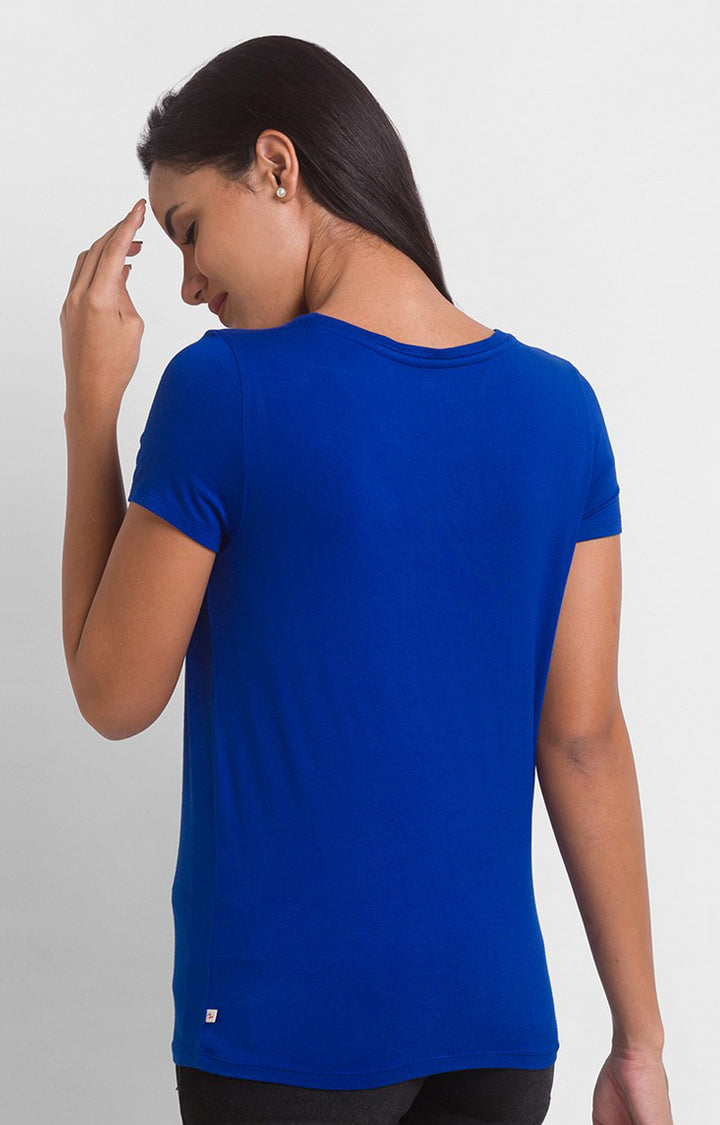 Spykar Marine Blue Cotton Half Sleeve Printed Casual T-Shirts For Women