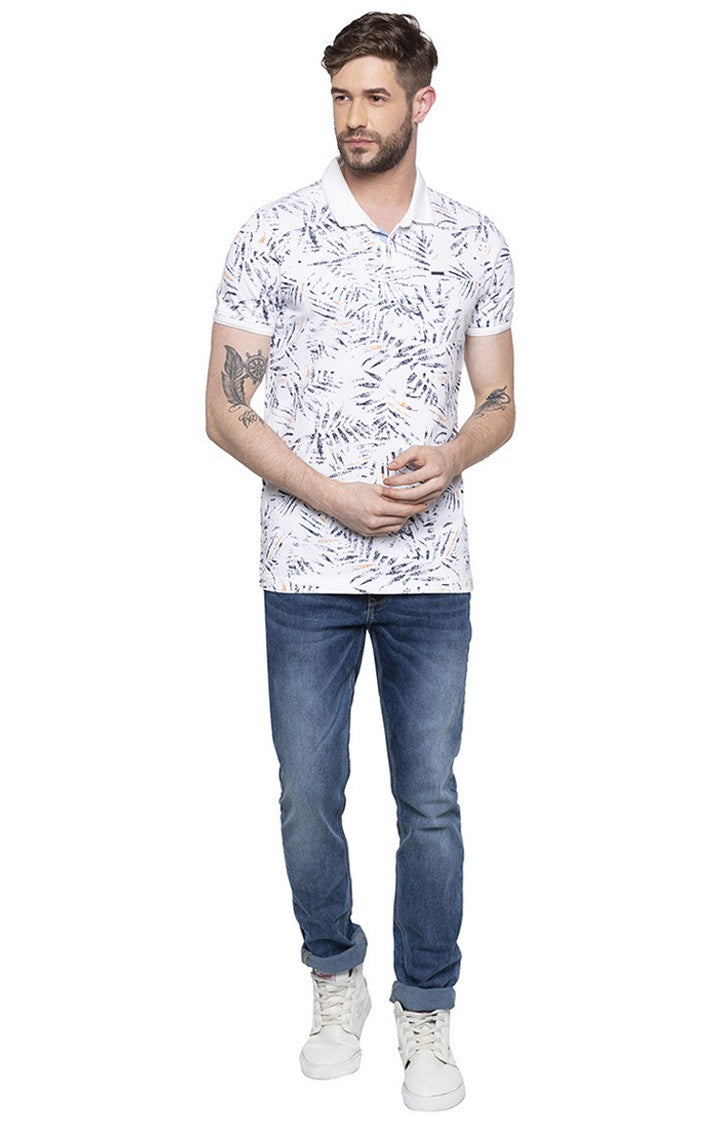 Spykar White Printed Slim Fit Polo T-Shirt