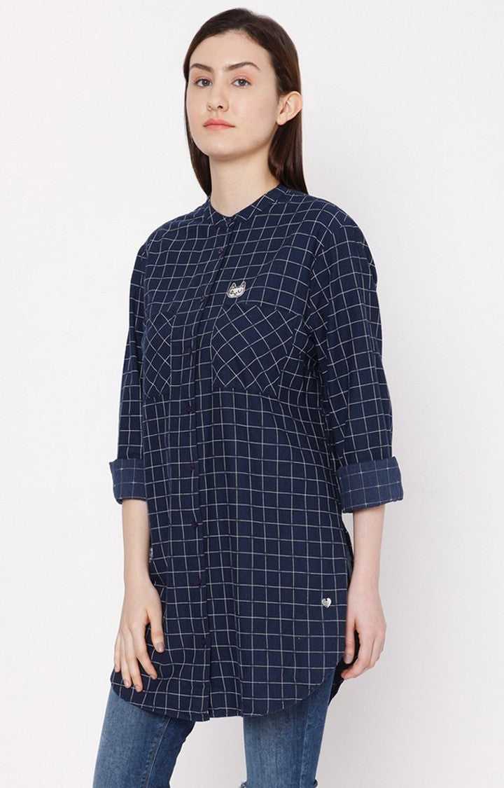 Spykar Women Navy Blue Cotton Regular Fit Checkered Shirt