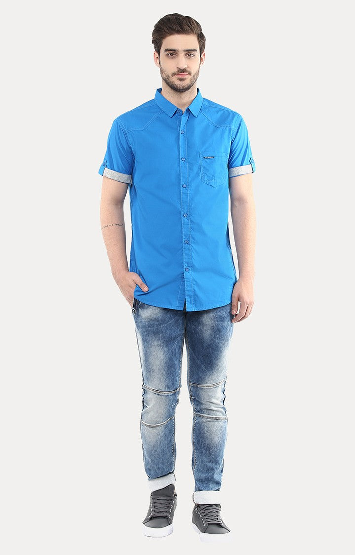 Spykar Men'S Blue Cotton Solid Casual Shirts