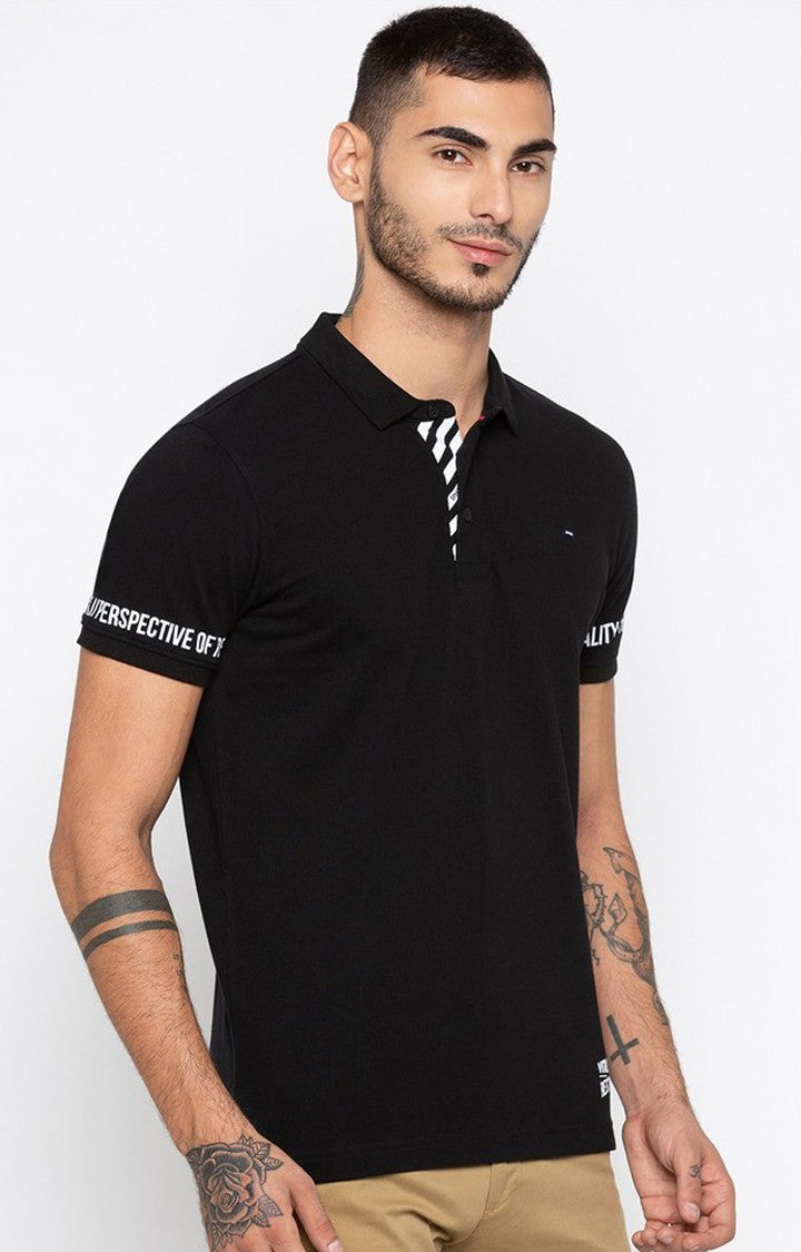 Spykar Black Printed Slim Fit Polo T-Shirt