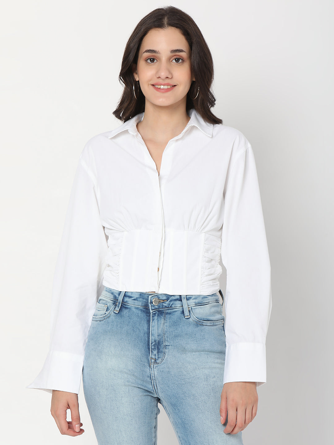 Spykar White Cotton Full Sleeve Plain Shirts For Women
