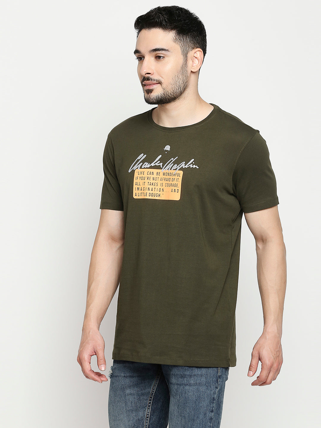 Charlie Chaplin By Spykar Olive Green Cotton Half Sleeve Printed Casual T-Shirt For Men