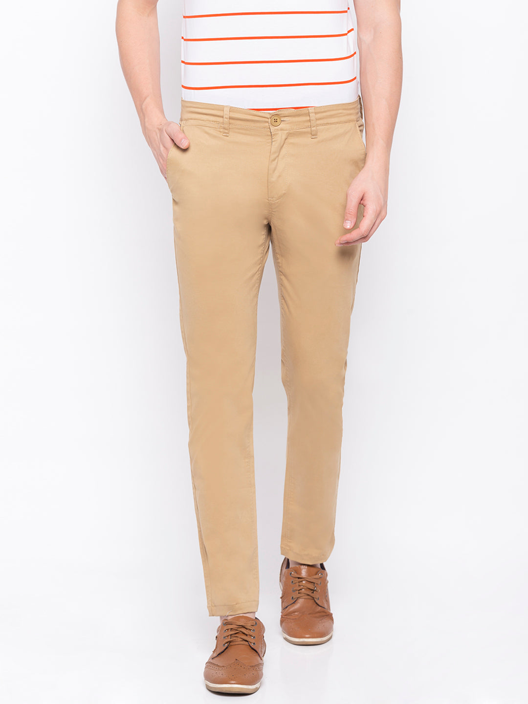 Spykar Men Khaki Cotton Slim Fit Trousers