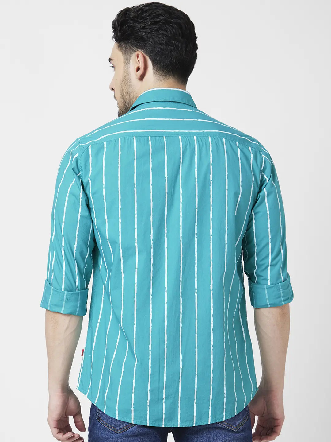 Spykar Men Teal Green Poplin Regular Slim Fit Full Sleeve Striped Shirt