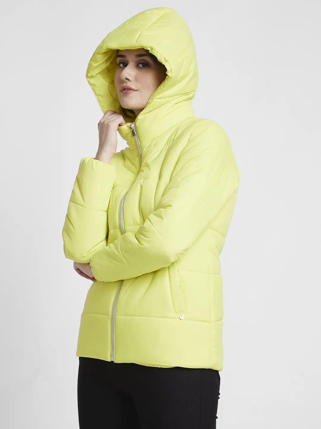 Spykar Women Neon Green Regular Fit Hooded Plain Jacket