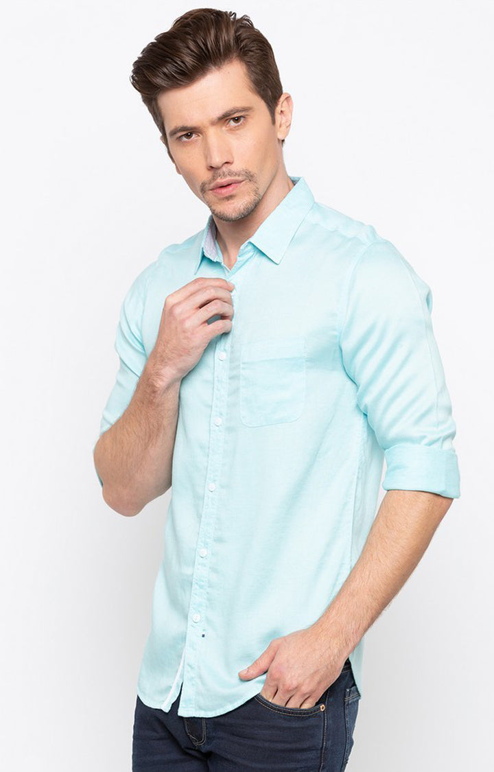 Spykar Blue Cotton Slim Fit Shirts For Men