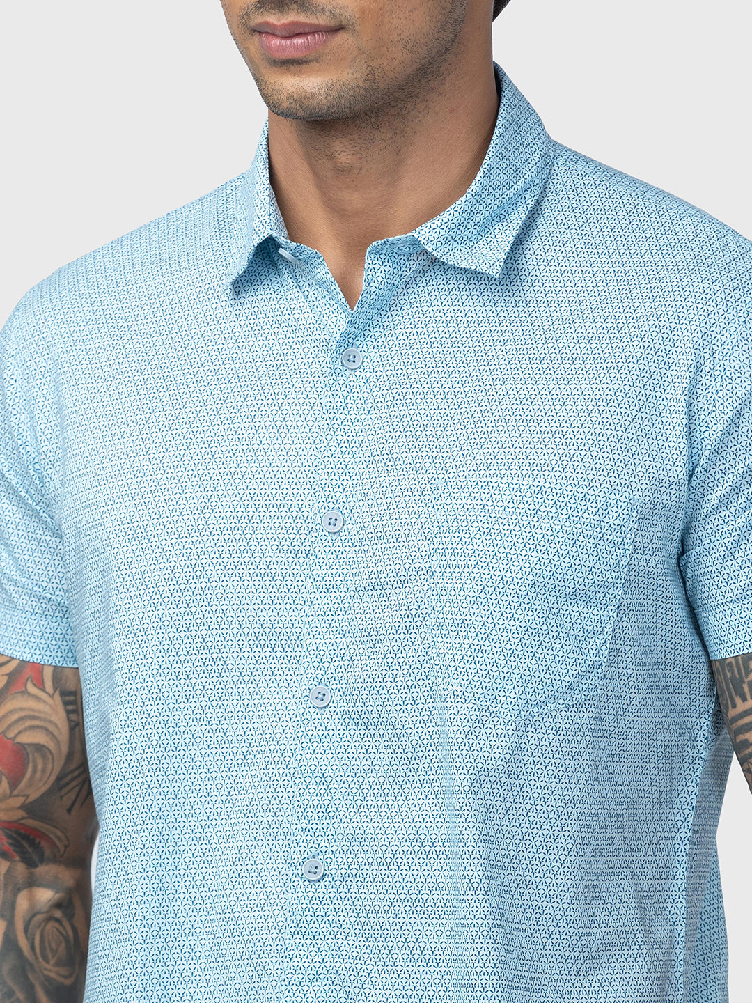 Spykar Men Sky Blue Cotton Regular Slim Fit Printed Shirt