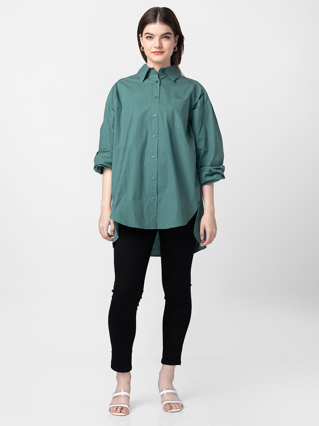 Spykar Women Deep Green Cotton Regular Fit Plain Asymmetric Shirt