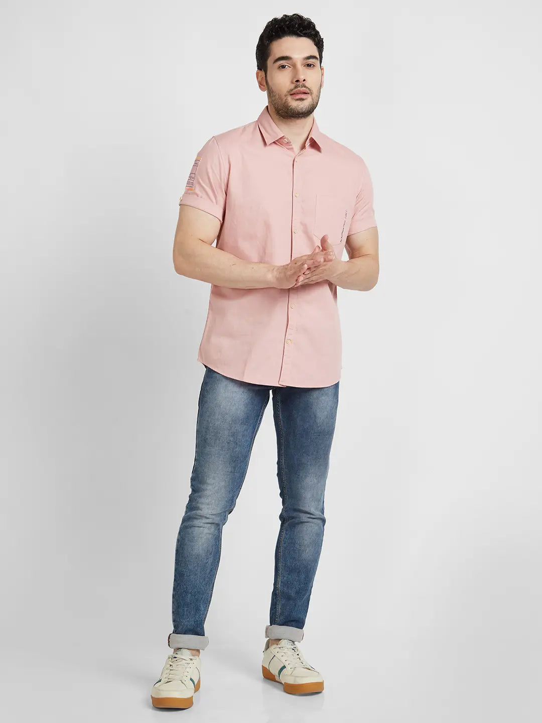 Spykar Men Dusty Pink Twill Regular Slim Fit Half Sleeve Plain Shirt