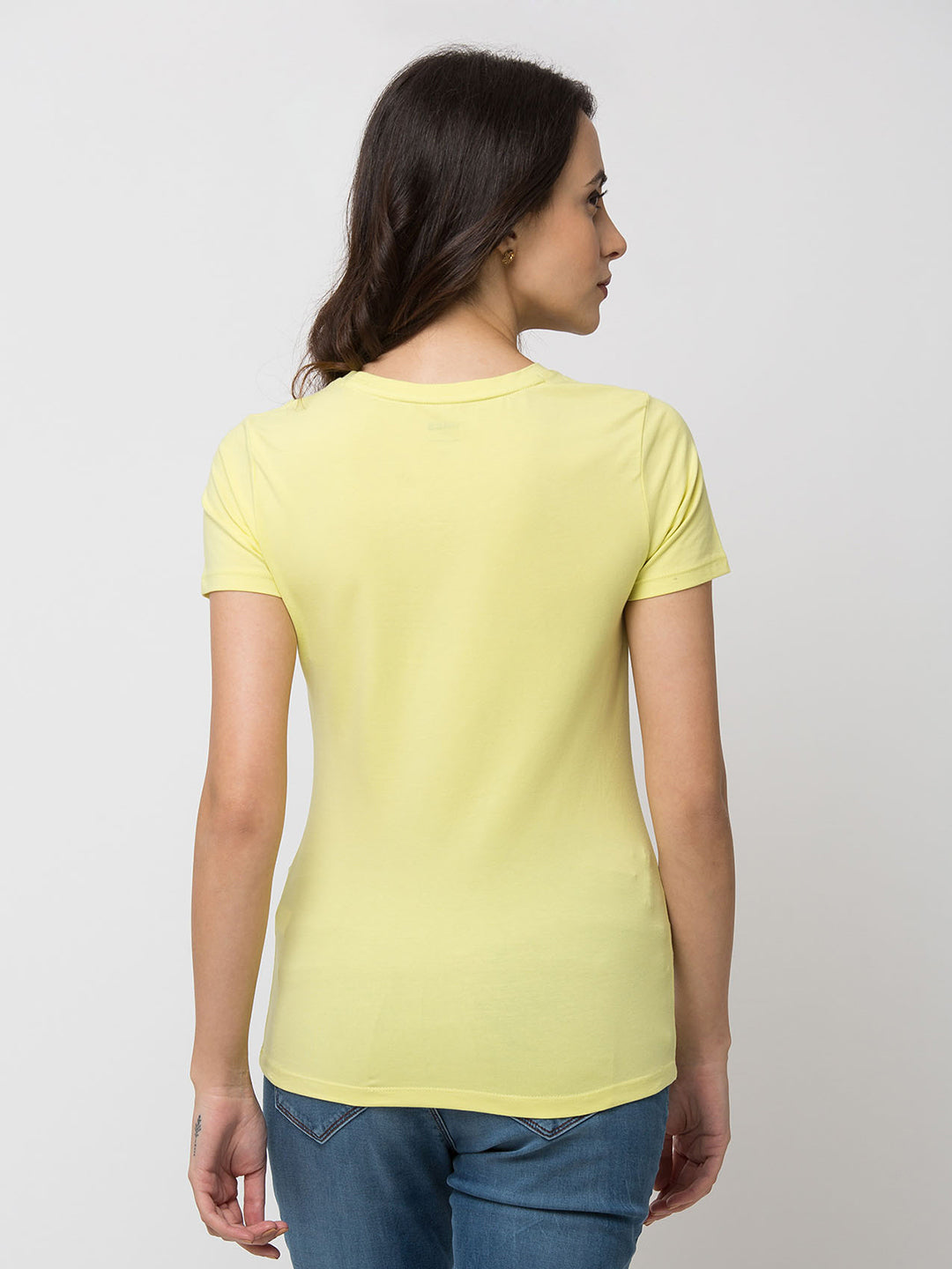 Spykar Women Yellow Lycra Regular Round Neck T-Shirt