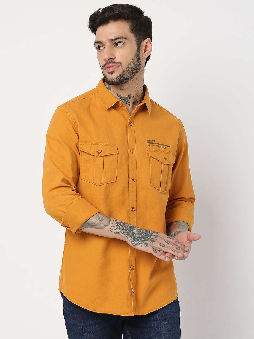 Spykar Men Mustard Cotton Slim Fit Plain Shirts