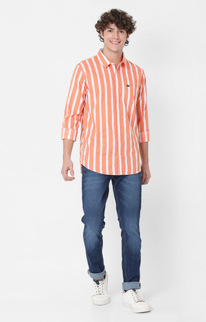 Spykar Slim Fit Orange Full Sleeve Striped Shirts For Mens