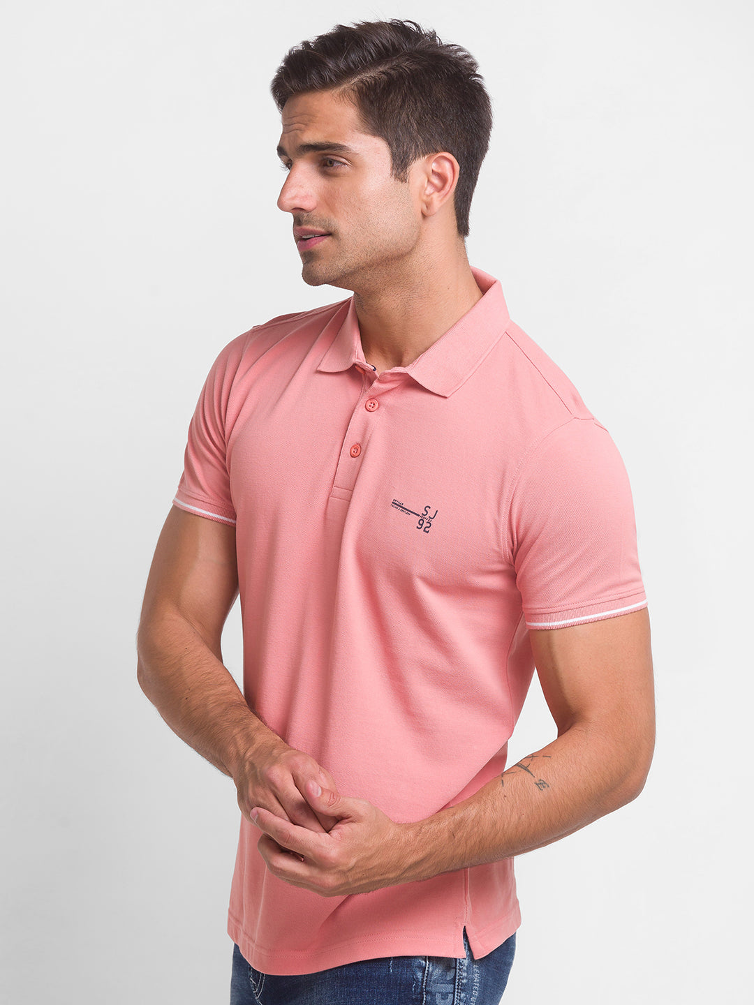 Spykar Dusty Pink Cotton Half Sleeve Plain Casual Polo T-Shirt For Men