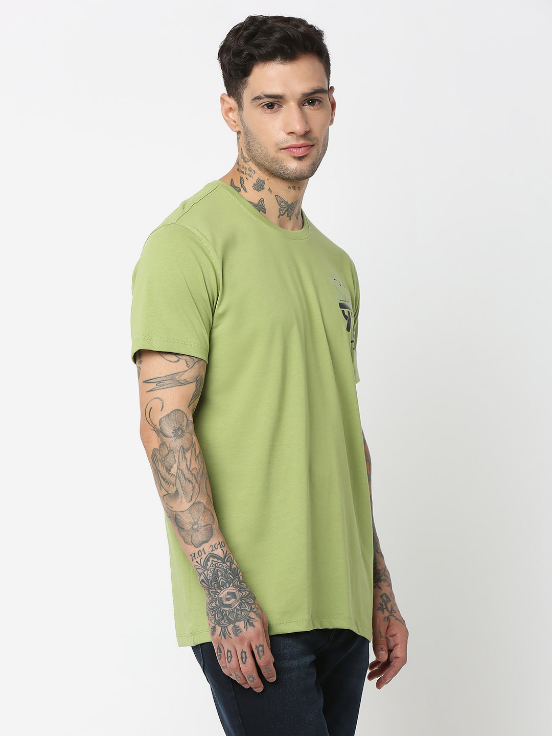 Spykar Men Dusty Green Cotton Slim Fit Round Neck Plain T-Shirt