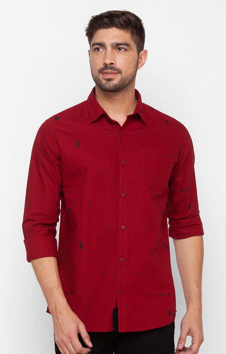 Spykar Deep Red Cotton Full Sleeve Printed Shirt For Men