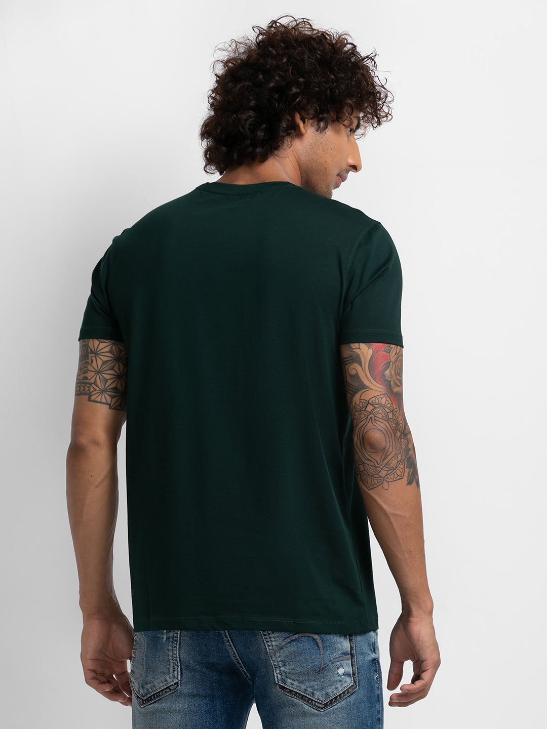 Spykar Bottle Green Cotton Half Sleeve Printed Casual T-Shirt For Men