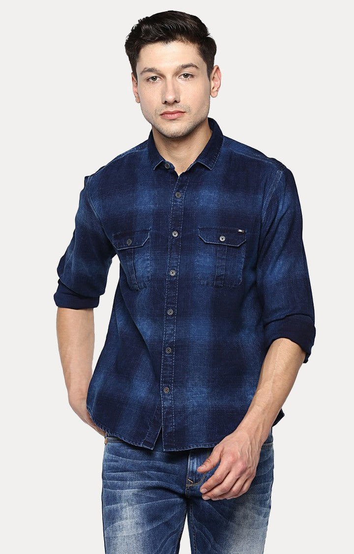 Spykar Men'S Blue Cotton Checked Casual Shirts