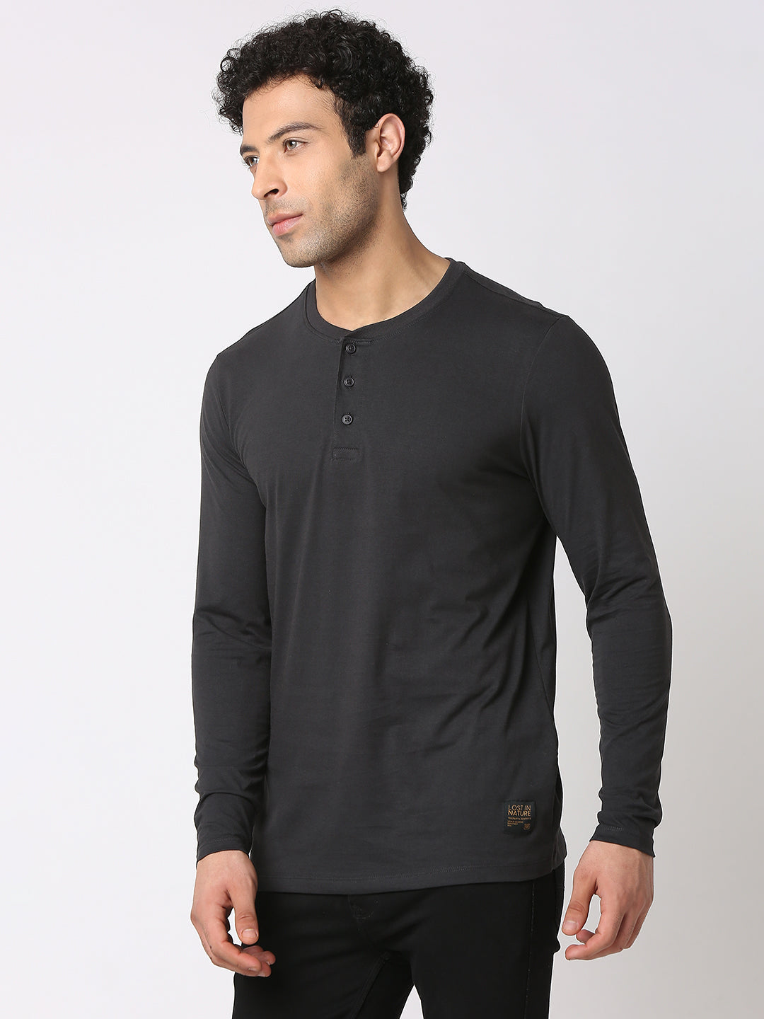 Spykar Men Slate Grey Cotton Slim Fit Henley Neck Plain T-Shirt