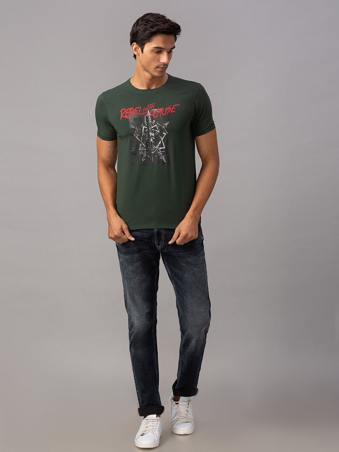 Spykar Men Green Cotton Slim Fit Round Neck T-Shirt