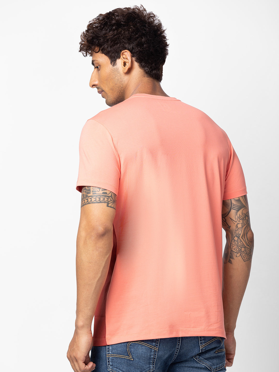 Spykar Men Peach Cotton Regular Fit Half Sleeve Printed T-Shirt