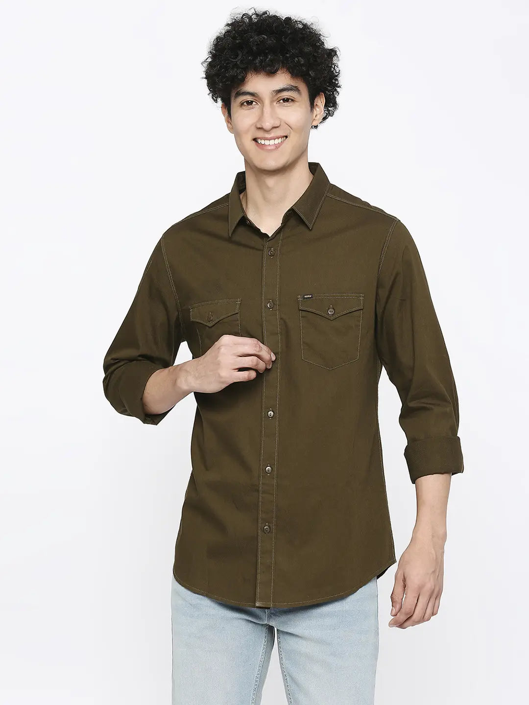 Spykar Men Military Green Cotton Slim Fit Plain Shirt