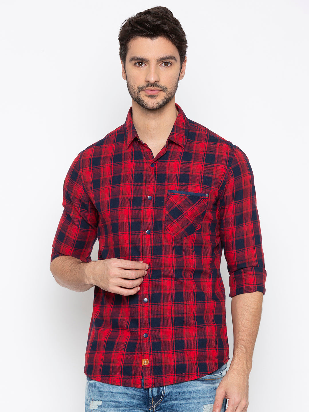 Spykar Men Red Checked Slim Fit Casual Shirt