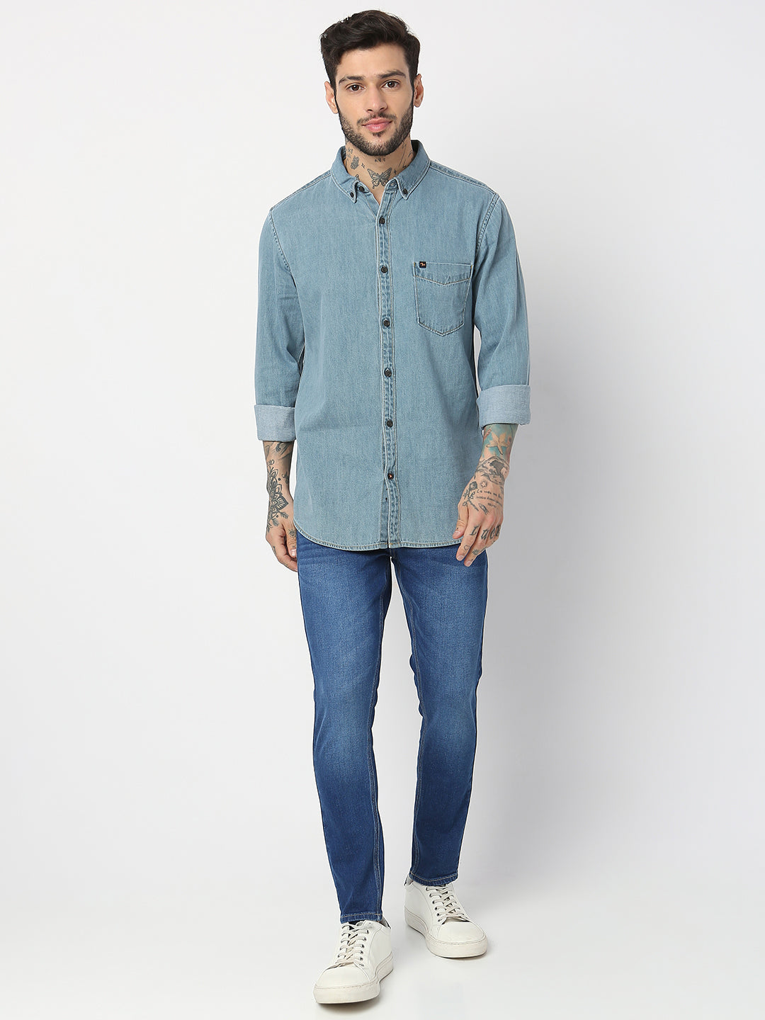 Spykar Men Light Blue Cotton Slim Fit Denim Shirts