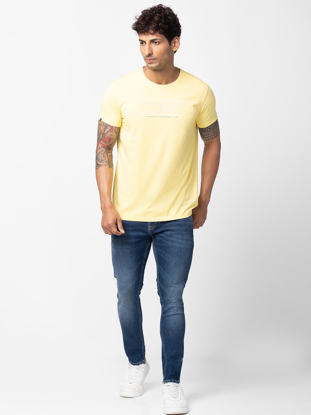 Spykar Men Yellow Cotton Regular Fit Half Sleeve Printed T-Shirt