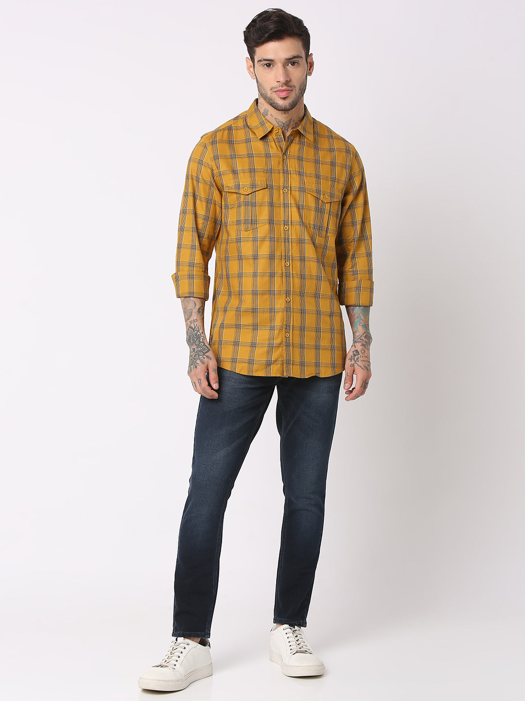 Spykar Men Golden Khaki Cotton Regular Fit Checkered Shirts