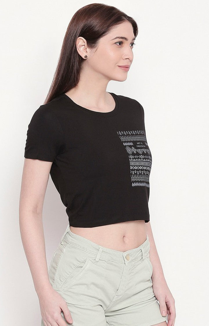 Spykar Women Black Viscose Slim Fit Round Neck Crop T-Shirt