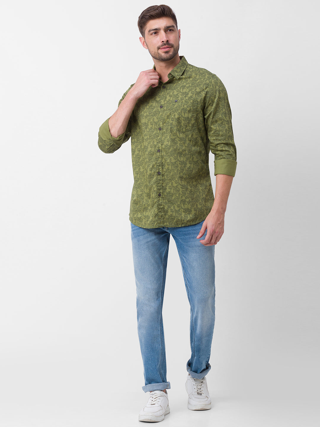 Spykar Moss Green Cotton Full Sleeve Printed Shirt For Men