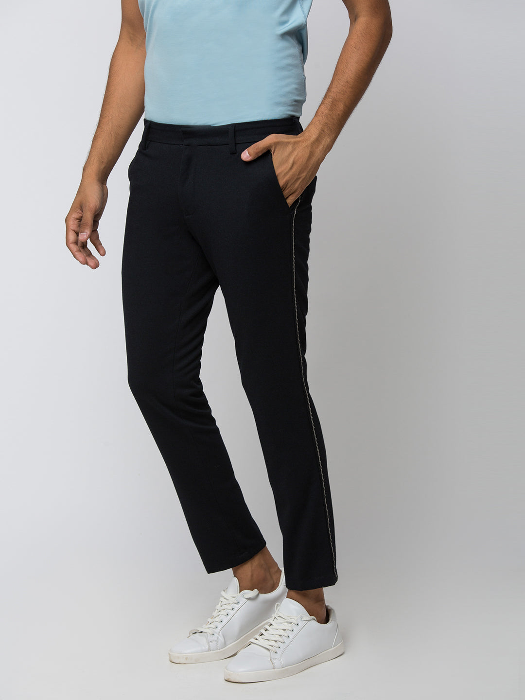 Spykar Men Black Cotton Slim Fit Trousers